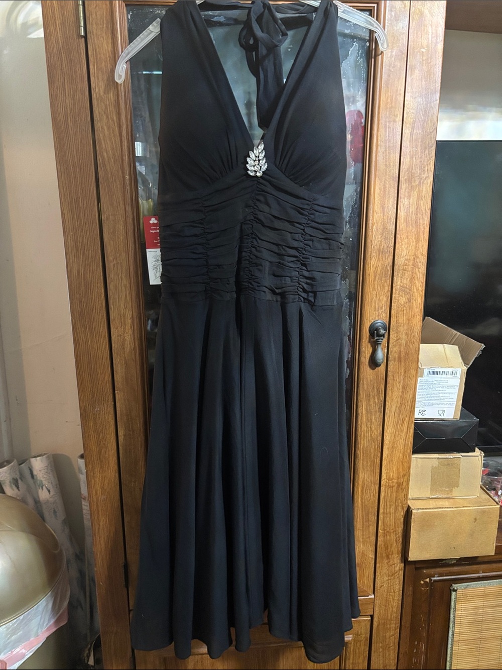 White House Black Market Black Strapless Ruched Dress with Crystal Accent